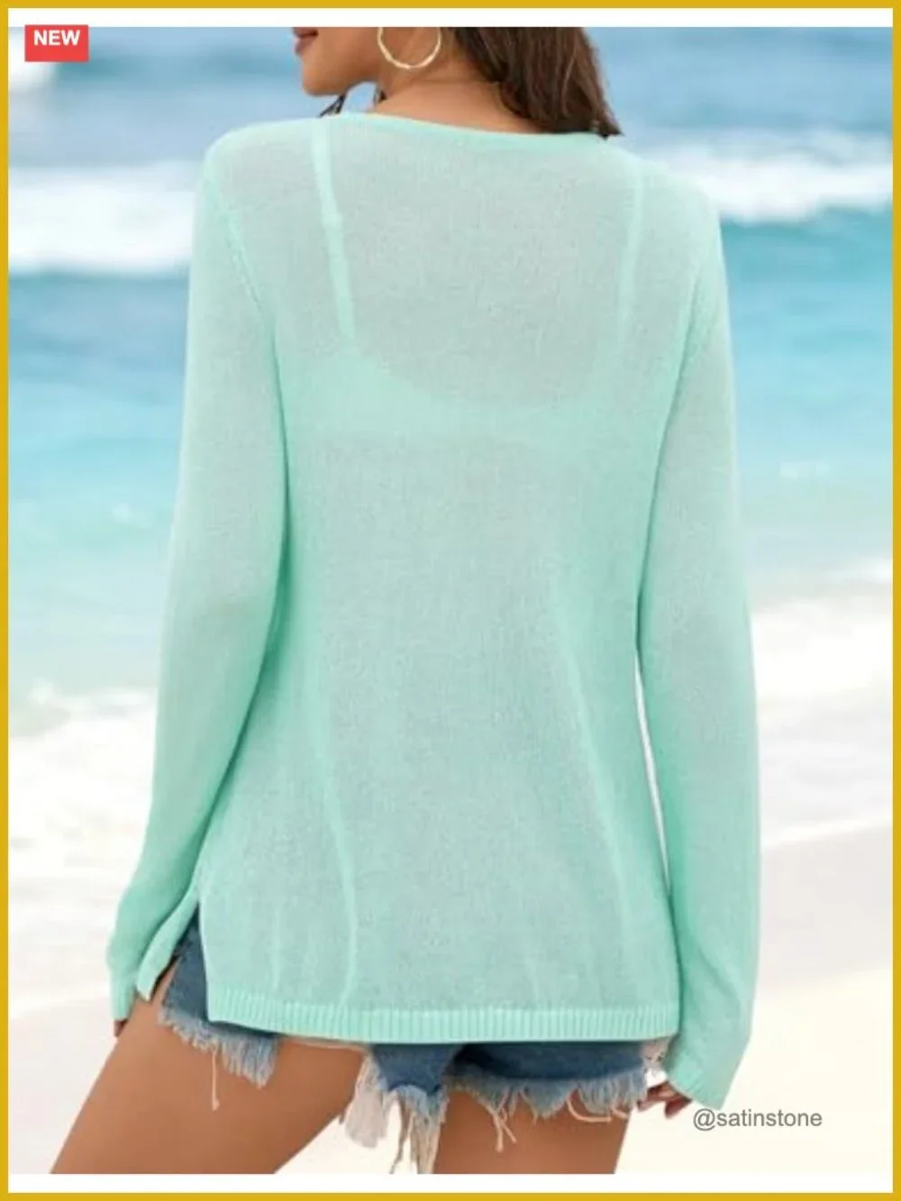 Women's Letter Print Long Sleeve Crochet Cover Up Crew Neck Split Hem Pullover